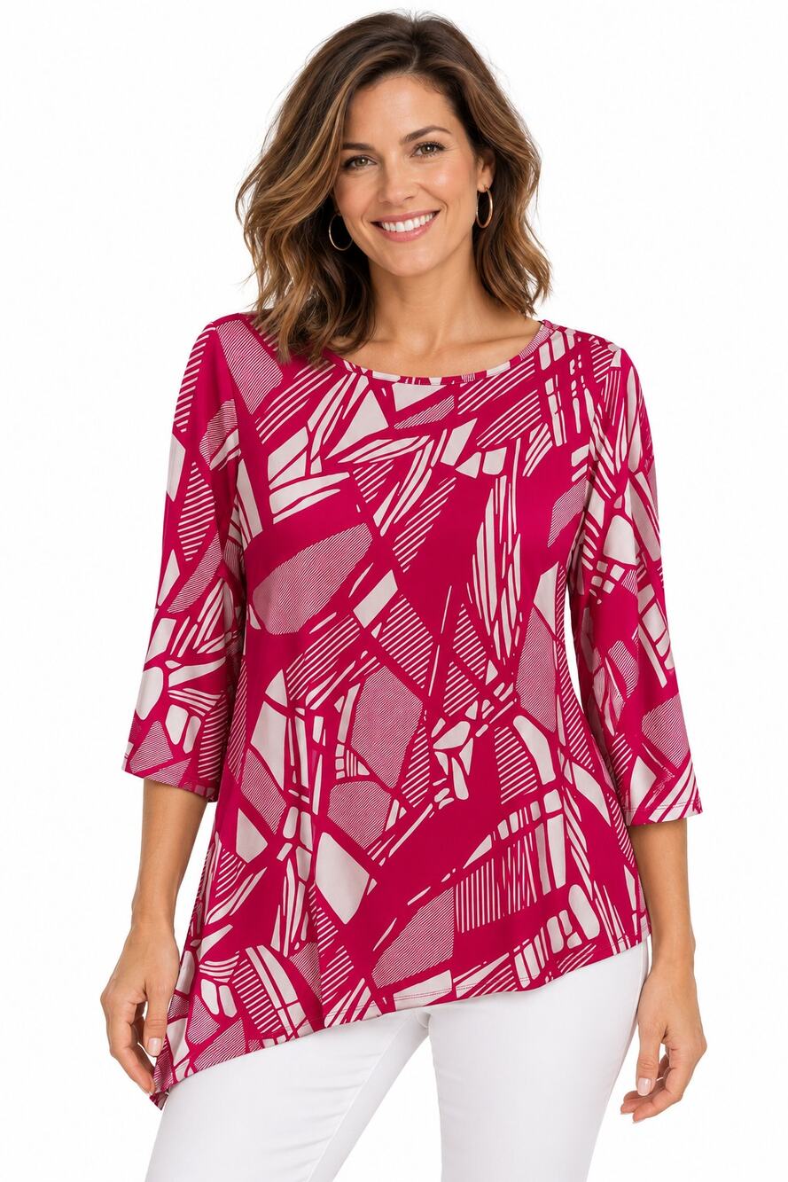 Susan Graver Liquid Knit Top Womens Large Hot Pink White Asymmetrical Slinky